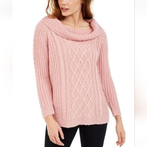 NO COMMENT Off-the-Shoulder Slouchy Cable Knit Sweater, Muted Pink, Size M